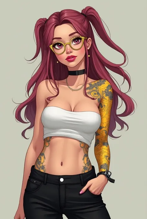  Cream-pink female gamer character with long hair, one part fastened with a long stripe and the other loosened , yellow tattoos on the body with a white strapless top  ,  wearing gold glasses with lines on the diagonal and pink lips Black pants 
