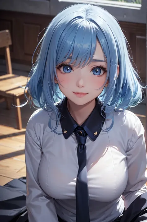 ( Best Quality, High Resolution ,8k,inelity detailed background, Masterpiece:1.2),beautiful girl,Big Breasts,(Lustrous light blue hair:1.3),long hair,messy hair,Beautiful light blue eyes,school uniform, navy blue jacket, checkered pattern skirt, black tigh...