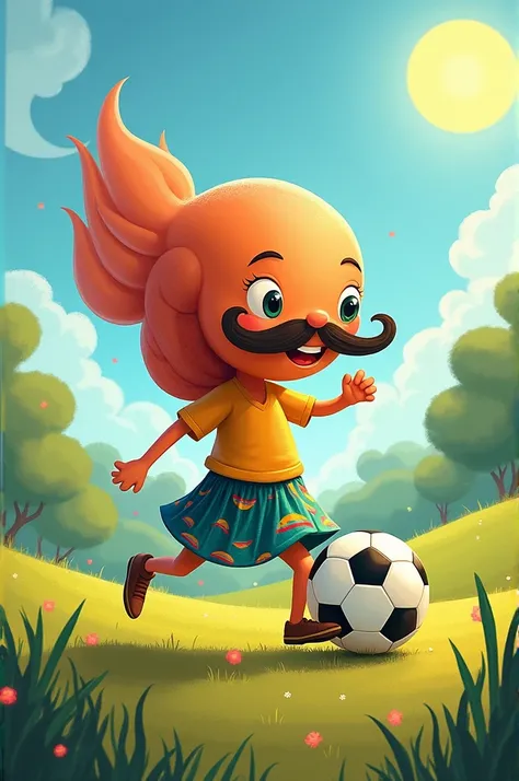 Lula, mustachioed mollusk in a skirt playing soccer 