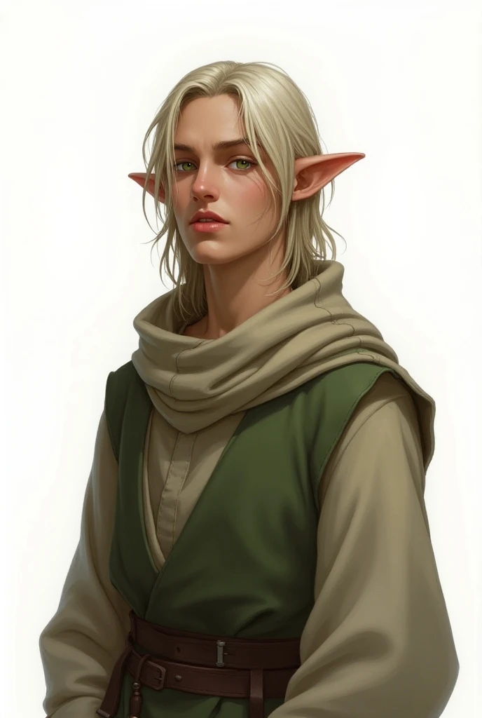 An elf cleric. He is simple.  His green eyes were deep and contemplative . Their hair is blond with signs of gray ,  with mixed silver threads ..  He dressed modestly , in simple shepherd&#39;s clothes, and your skin, lightly tanned. Semi-realistic paintin...