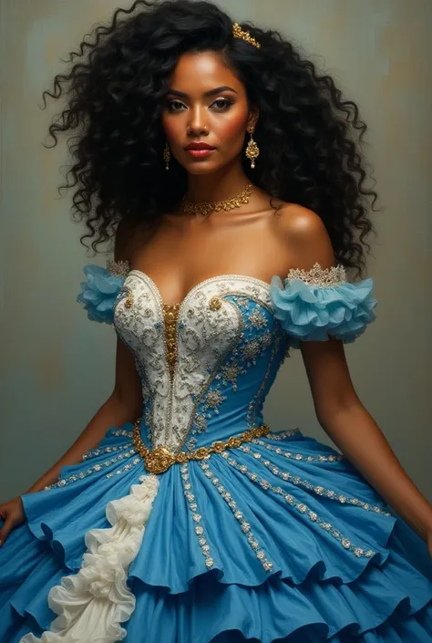 Latin woman with curly hair and bright blue and white queen dress.