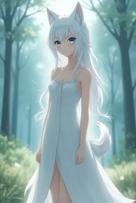 A wolf-girl with big white hair blue eyes white tail white dress in anime