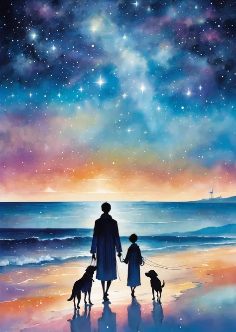  picture of a man and dog walking on the beach under a starry sky、 beautiful surreal night Milky Way dreamy , Folklore,   magic, Orientalism , Romanticism
(Illustration：Kay Nielsen、 Ryan McGinley 、Pipilotti Cross )