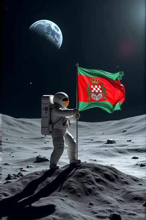 A moon shot with a man in a spacesuit sticking a flag of Sardegna 