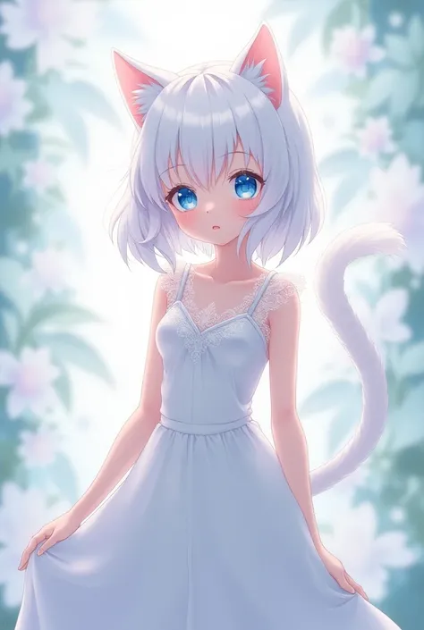 A catgirl with big white hair blue eyes white tail white dress in anime