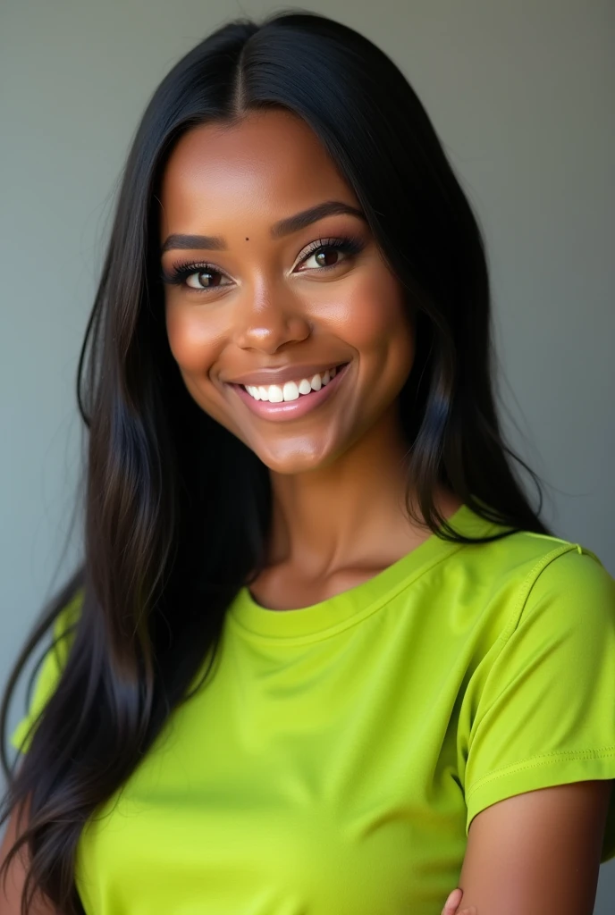  Give me a professional Instagram profile photo of a young and beautiful black woman with an oval face and long straight black hair, Wearing a lime green t-shirt. The photo is for a credit card machine sales profile .