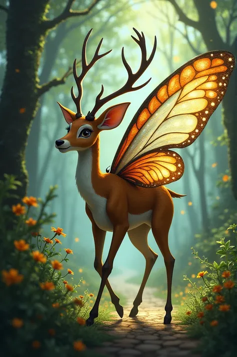 **Prompt:** 

Imagine a fantastical creature that combines the elegance of a deer with the delicate beauty of a butterfly. This hybrid, known as the "Deerfly," has the graceful body of a deer, complete with slender legs and a gentle, inquisitive face. Its ...