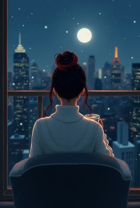 female black hair with red tips, sits on an armchair on a roof terrace from which you can see all of mahnatten at night, moon, you can only see her from behind. she wears a white turtleneck sweater, is covered up, outside it starts to snow lightly, hair ti...