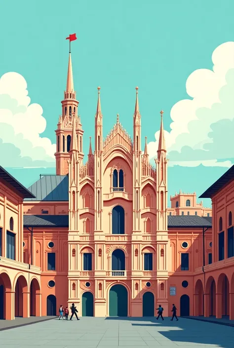 Affiche illustration flat colorée représentant la ville de Milan avec les principaux symboles de la ville en gros plan dans des couleurs vives 