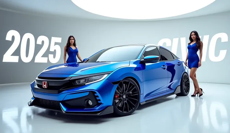 A captivating and futuristic image of 2025 Honda civic takes center stage in a luxurious white showroom. The car is painted in a striking vibrant Blue hue, showcasing its Front, aerodynamic design with bold accents that highlight the cutting-edge innovatio...