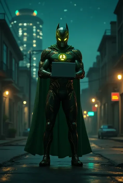 A Muscular Man, Green & Gold cyber futuristic friendly mask & suit with cape, hacking a street of houses with a laptop, on night of dark sky.