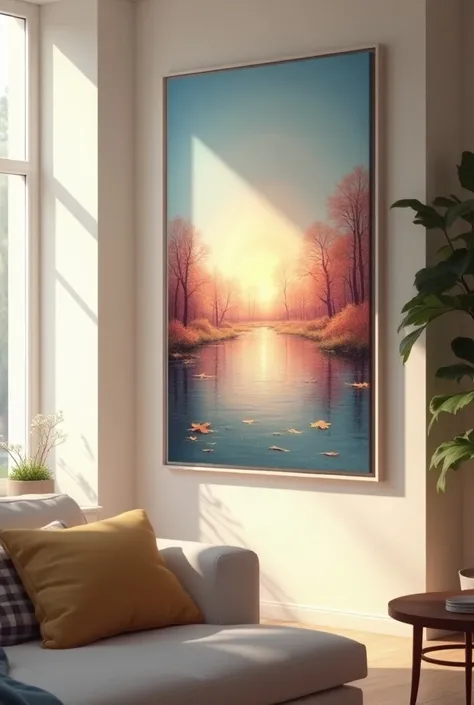 A sleek and modern digital art frame displaying an AI-generated abstract painting. The frame is mounted on a stylish wall in a cozy living room. The art evolves in real-time, reflecting the users mood and the season. Natural light filters in through a wind...