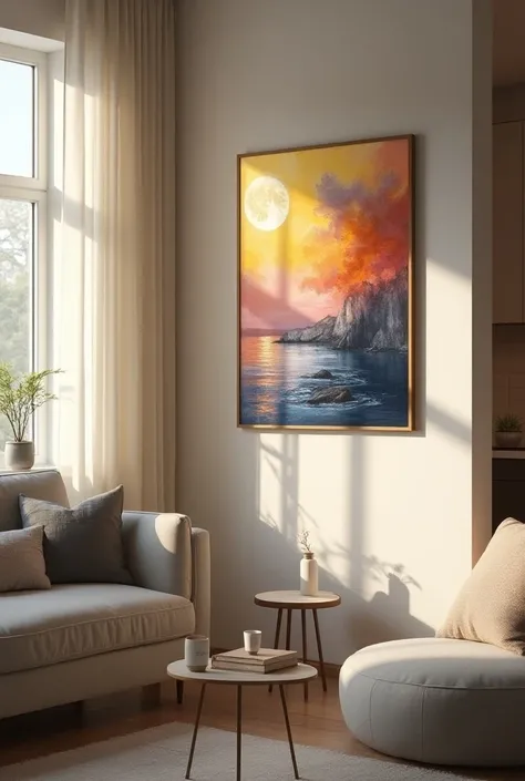 A sleek and modern digital art frame displaying an AI-generated abstract painting. The frame is mounted on a stylish wall in a cozy living room. The art evolves in real-time, reflecting the users mood and the season. Natural light filters in through a wind...