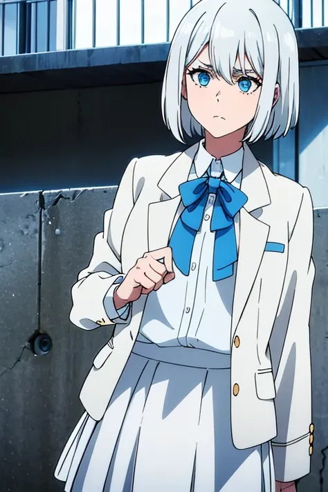 teenage woman, medium white hair, blue eyes, white shirt, light gray jacket , White skirt