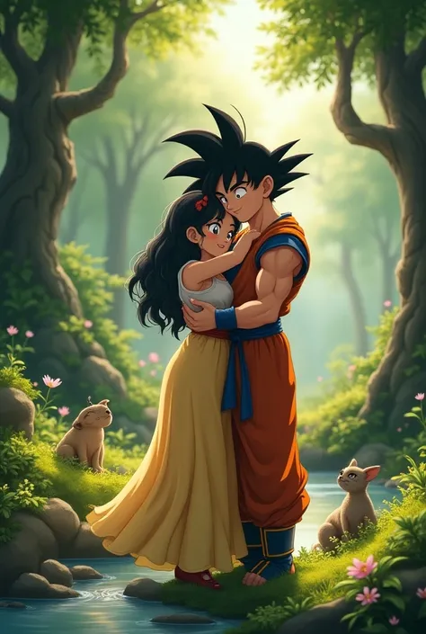 Princess Snow White embracing Son Goku, in a beautiful forest.