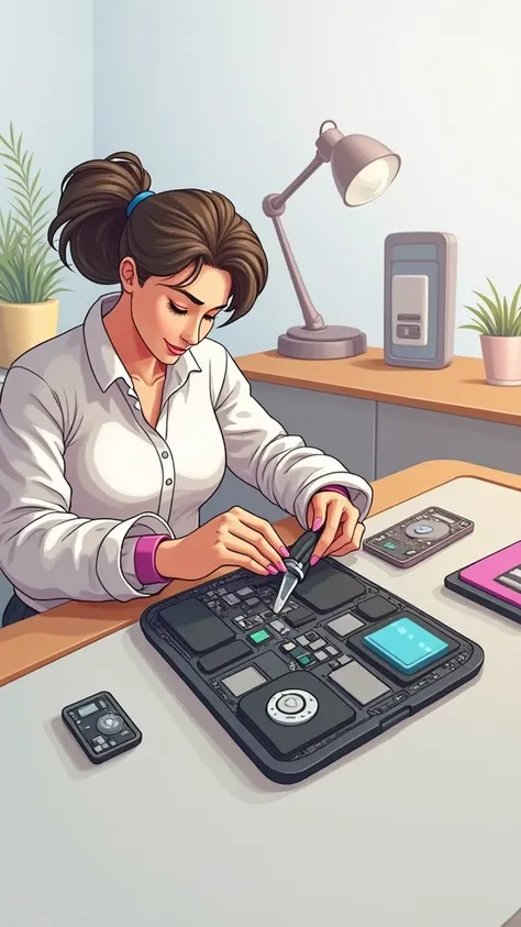 Make me an animated logo of a girl repairing a cell phone 