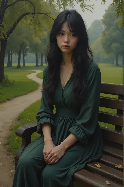 Masterpiece,highly detailed, young sad lady sitting on bench 