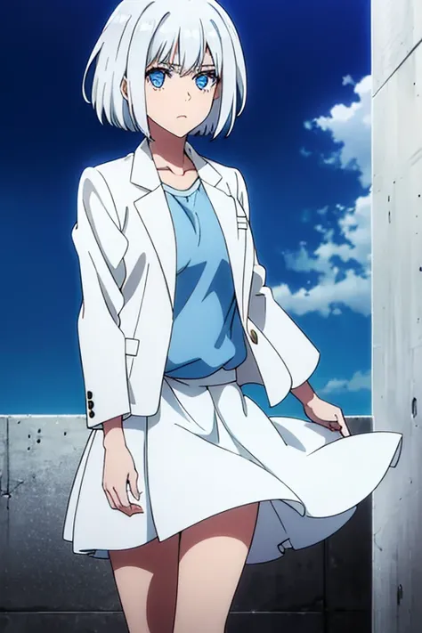 teenage woman, medium white hair, blue eyes, white shirt, light gray jacket , White skirt