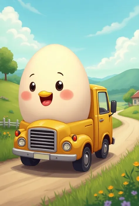 An image of a small truck carrying a chicken egg is happy to go to the customers house,The truck committed to fast delivery and the very kind egg 