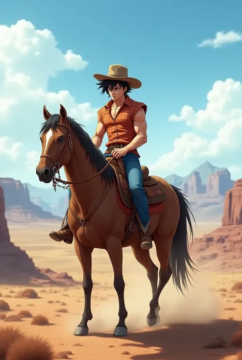 Son Goku dressed as a cowboy ,  riding a horse in the west.