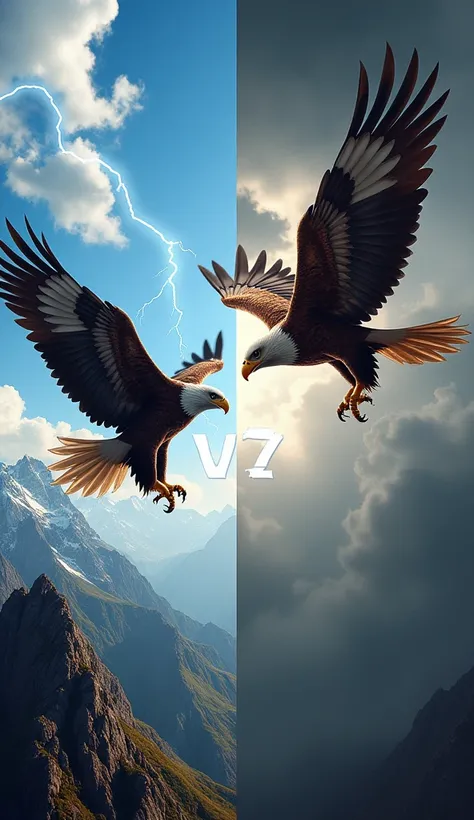 The left half features a fierce bald eagle, wings spread wide, soaring over a mountainous landscape with clear blue skies. On the right, a sharp-eyed hawk glides through a stormy sky, lightning flashing in the background. In the center, the word VS appears...