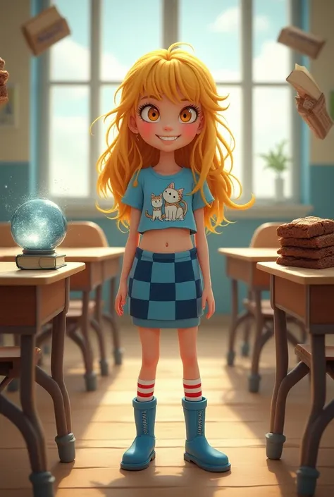 girl, change, European,  right eye orange  , left eye yellow ,  full body  ,  a short skirt with blue squares and red stripes  , bobbysocks  , blue boots,  long, loose yellow hair ,  mischievous smile showing her teeth  ,  fringes covering her forehead  , ...