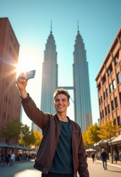 Kirill, A cheerful  taking selfies with the iconic Twin Towers in the background. Bright blue sky, golden sunlight casting warm tones, vibrant city energy, urban street style, candid moment captured.