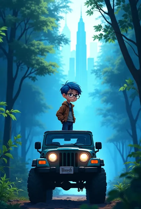 Blue boy with glasses looking very intelligent on top of a jeep walking in the middle of a forest and half of a technological city, also blue, and hes an ordinary jeep