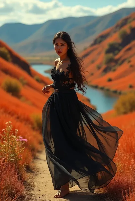  Surreal dark gothic image of beautiful landscapes and high definition and high quality with bright colors and predominant oranges and reds. With beautiful eyes and thin lips . She runs in a transparent chiffon dress .  Turn and turn to see the road . A ri...