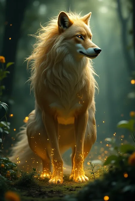 Create a spirit of nature that is a mix of a lion wolf and humanoid fox 