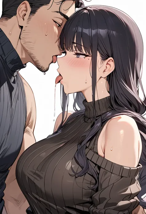 bust up Focus,side view,High quality,Ultra-high resolution,High-definition illustrations,Masterpiece,extremely detailed,highres,,hetero couple,(married sexy milf is glossy lips is lust),off shoulder sweater,in heat,saliva,sweat,Medium breasts,moist skin,se...