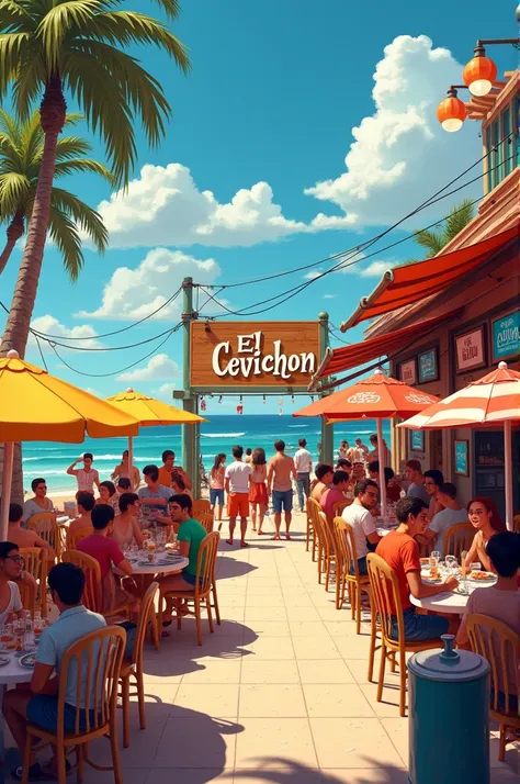  A restaurant called EL CEVICHON , on the beach shore, with an outdoor bar, Many people, a very sunny day. With tables with umbrella . televisions 