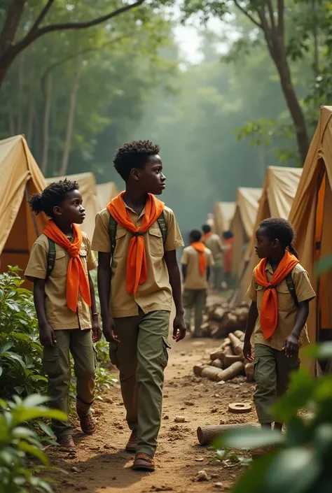 African scouts in a camp set up on their  khakis shirts and trousers  and orange neck scout scarfs exploring 