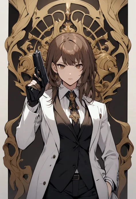 Make a personage, in a suit with brown hair and brown eyes holding a pistol