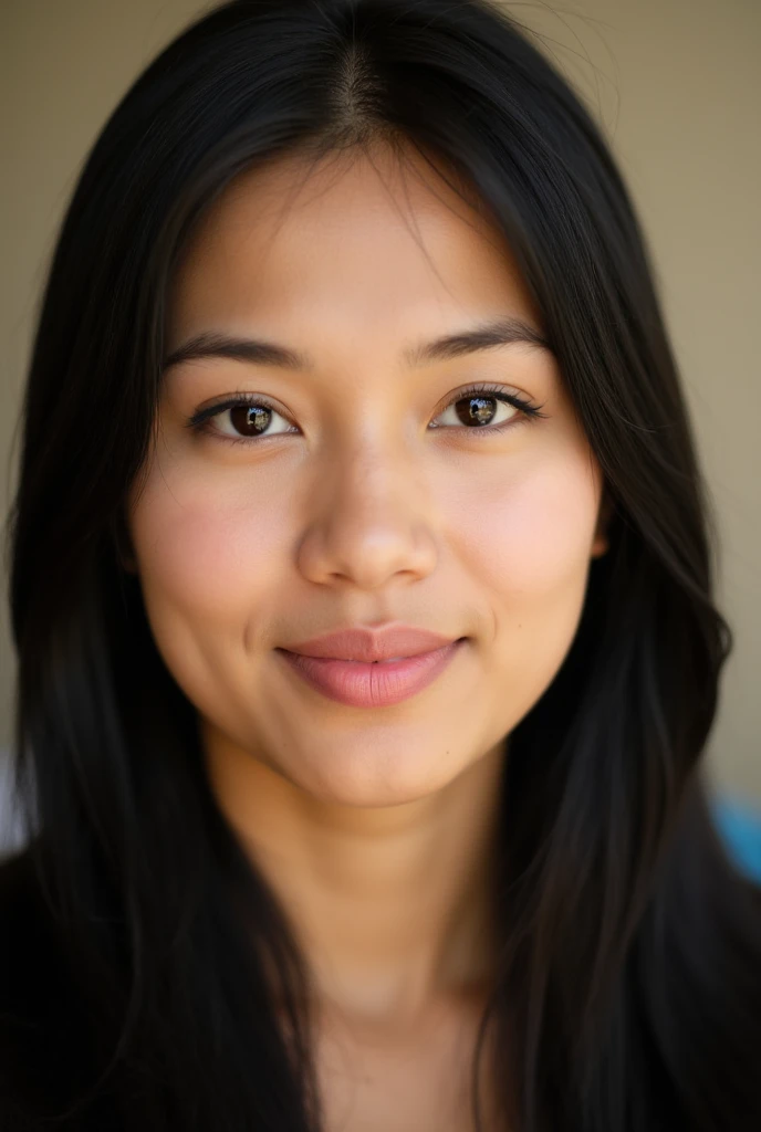 A close-up portrait of a 20-year-old Nepali woman with an ivory skin tone and light pink lips, captured in soft, natural daylight. The woman’s long, straight black hair frames her face, cascading gently over her shoulders. Her expression is serene and comp...