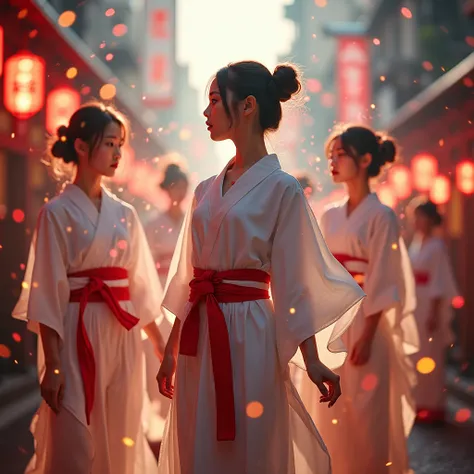 ExtremelyDetailed ProfessionalPhoto of KAWAII FUNDOSHI Girls in Hakata Gion Yamakasa Matsuri, (Backwards:0.6) FullBody from below, MagicHour Miracle, Ethereal and Haunting, Oodles Colorful Light Particles  BREAK  White Loincloth made of Twisted white Cloth...