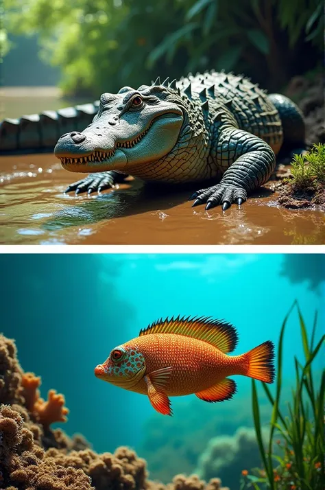 Here’s a modified prompt that describes separate images for both the crocodile and the fish:

---

**Prompt for Crocodile:** A powerful crocodile lounging on a riverbank, showcasing its muscular body and rugged, armored skin. Its mouth is slightly open, re...