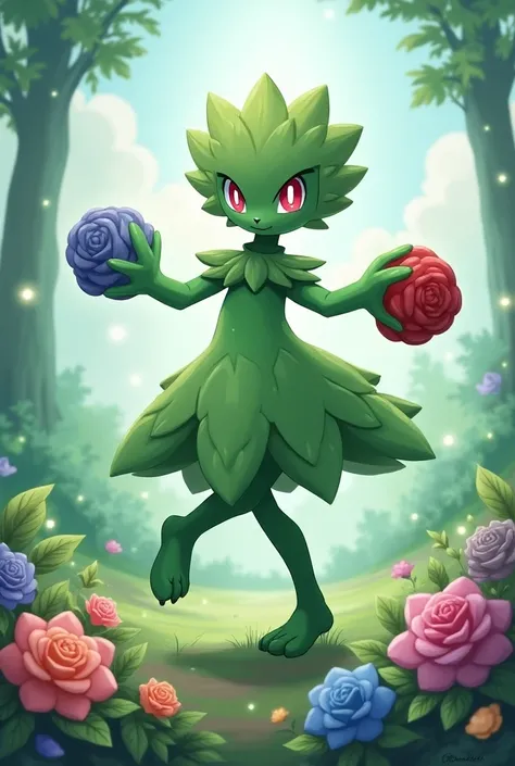  Roserade stands majestically in a magical forest ,  surrounded by bright flowers and shimmering lights .  your two Roses are in full bloom and radiate a mysterious energy.  The background shows a clear sky with soft Clouds .  Roserade is a humanoid plant ...