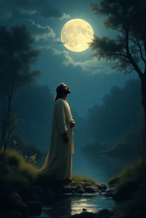 Jesus at night under the moonlight with nature
