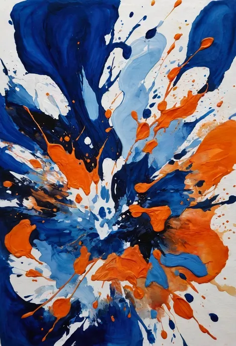 Draw me a picture of a messy gouache painting with dark blue, light blue, orange and white colors