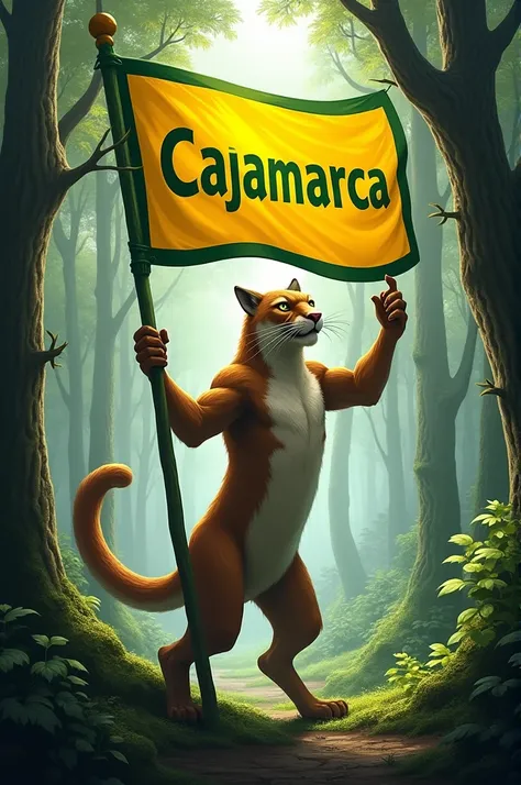 Half-man Andean puma in a forest ,  holding a yellow flag with two green borders one lower and one upper, That the flag has a text that says  "cajamarca"