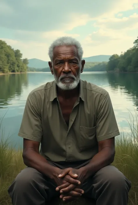 An old black man looking forward in the background has a lake looking forward