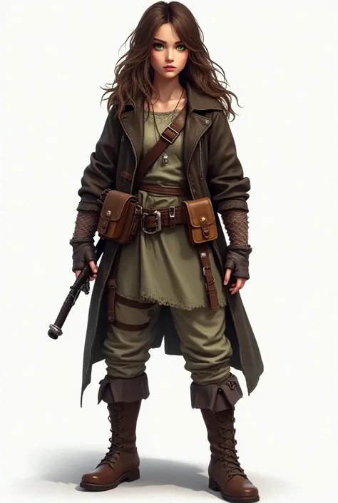 A detailed character design of the daughter of Lorde Halgrim in the style of GTA 6, with a medieval fantasy theme, and no background or a transparent background. She is a young woman in her early 20s, with long wavy brown hair and bright green eyes. She we...