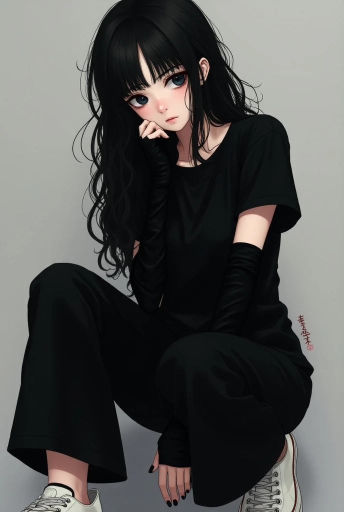 Long hair anime girl, Loose,  long wavy black hair and waist ，Serious face，Wearing a black short sleeve shirt ，Nails painted black,  black sleeves from wrist to elbow , Black wide-leg pants,  white tennis shoes with pale skin, female 