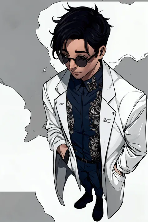 man, young, scientist, nerd, white jacket, round glasses, messy black hair, full body