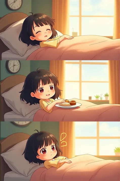 **Title: "On the day of the nap "**

**Table 1:**  
 a sunny room .  the girl is in her bed ,  with an expression of happiness 

**Table 2:**  
 the girl settles into bed ,  with her eyes closed and a smile .

**Table 3:**  
 A clock on the wall shows that...