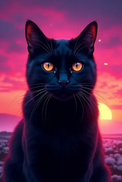 Je veux l’image d’une chatte noir magnifique qui me regarde avec amour, l’image doit être splendide et tout le monde doit se dire cette chatte est magnifique, je veux un style couleur néon avec un magnifique couché de soleil et des étoiles filantes dans le...