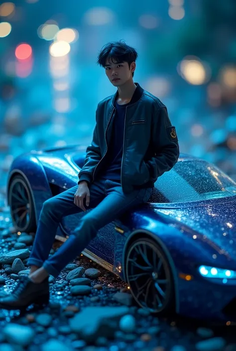 capture of the micro world in the photo ,  a handsome young man with a trendy hairstyle in black and black Korean style wearing a dark blue t-shirt and bomber jacket,  wearing jeans and shoes ,  sitting on top of a luxury car ,  in a solar light background...