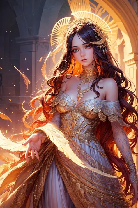 a phoenix in human form ,  12 jears old wearing a beautiful dress, extremely detailed face and eyes, beautiful detailed lips, flawless skin, long wavy hair, elegant, ethereal, graceful, magical, glowing aura, detailed feathers, intricate dress patterns, dr...