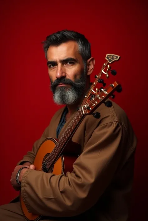 A turkish man holding a musical instrument on a red background